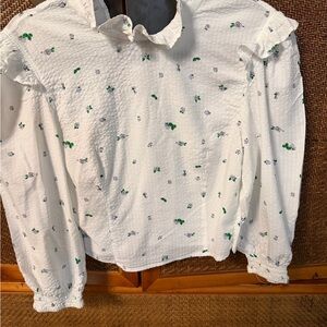 Mango White Blouse with Green Floral Accents